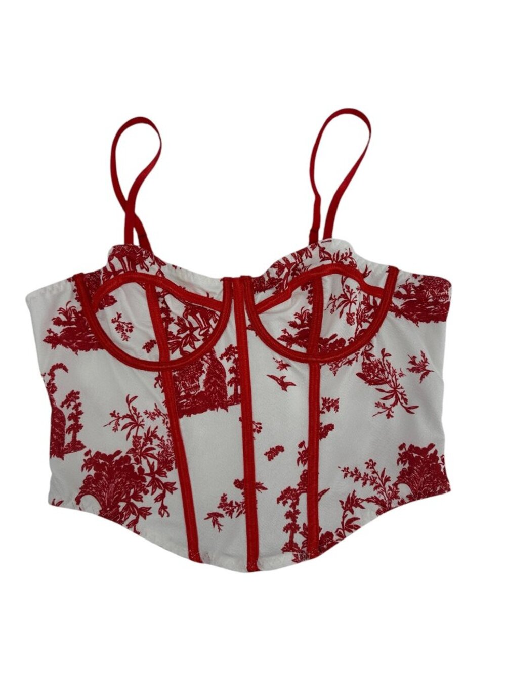 ✨ Red White Toile Corset Bustier Top Structured Boned Coquette Large ✨